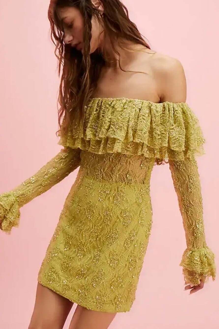 NWT Retrofête Castella Lime Green Beaded Lace Off Shoulder Mini Dress S